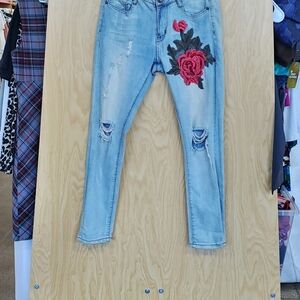 Machine Light Blue Skinny Jeans with Red Rose Embroidery